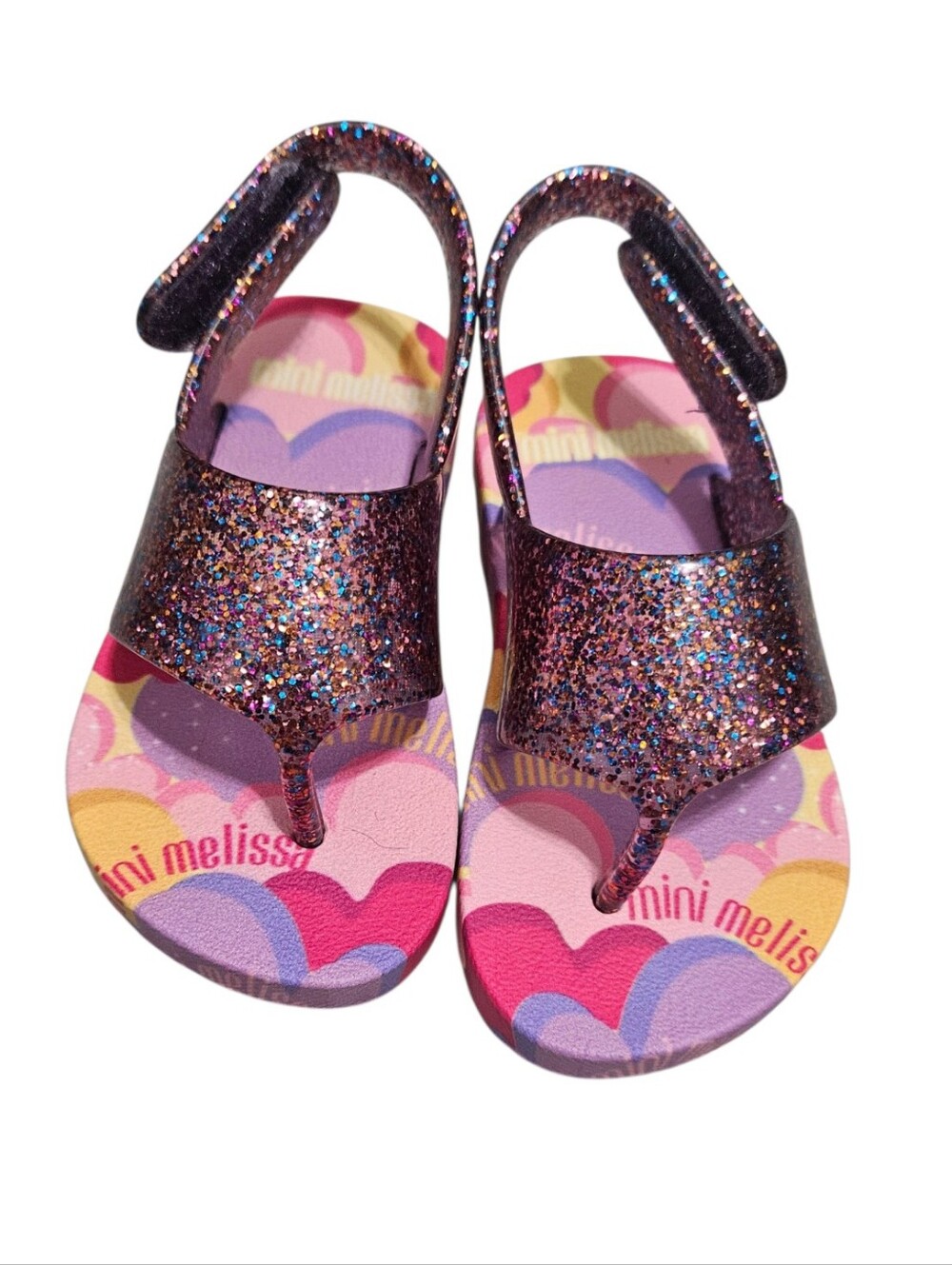 Mini Melissa Sparkle Shiny Glitter Purple Heart Girls Flip Flops NEW